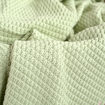 Personalised Sage Green Knitted Baby Blanket With Pom Poms, 8 of 9