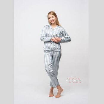 Beige Stripe Satin Women's Silk Sleepwear Pyjama Set, 5 of 12