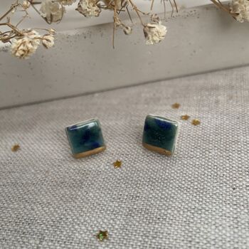 Green Blue Gold Detail Crackle Glaze Square Studs, 7 of 10