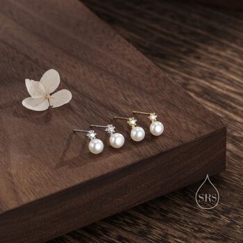 Genuine Pearl And Cz Stud Earrings In Sterling Silver, 4 of 12