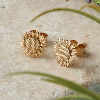 Sunflower Solid Gold Stud Earrings, 2 of 6