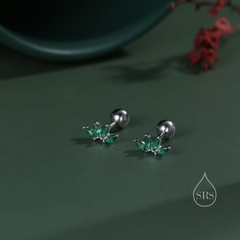 Sterling Silver Green Cz Lotus Flower Screw Back Earrings, 4 of 12
