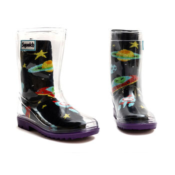 Squelch Transparent Wellies And Three Sock Set Space, 6 of 7