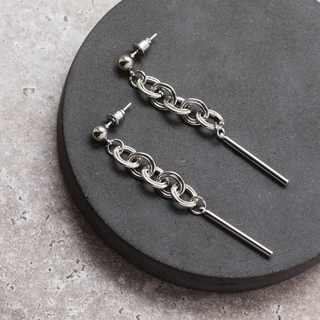 Lock Chain Design Drop Earrings In Silver Colour, 1 of 2
