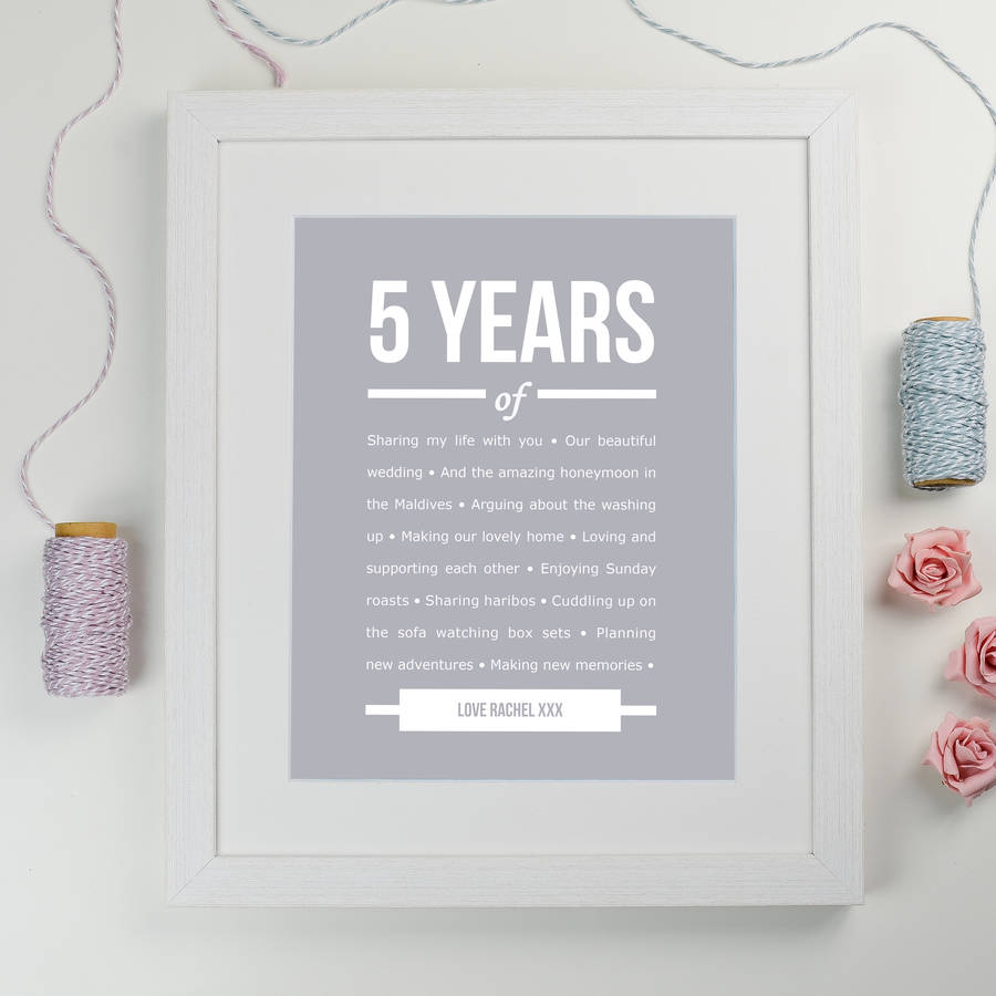 personalised five year anniversary print by elephant grey ...