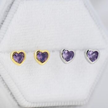 Tiny Amethyst Purple Cz Heart Stud Earrings, 2 of 12