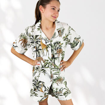 Giraffe And Leopard Print 100% Cotton Ladies Pyjama Short Set In White, 5 of 5