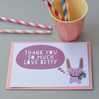 12 Personalised Bunny With A Bow Pink Thank You Cards, 4 of 4