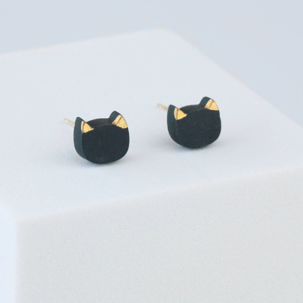 Sterling Silver Black Cat Clay Stud Earrings, 1 of 4