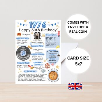 50th Birthday Card With 1976 Coin And Envelope Choose Your Colour, 3 of 3