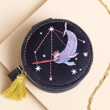 Navy Narwhal Spirit Animal Velvet Round Travel Jewellery Case, 2 of 4