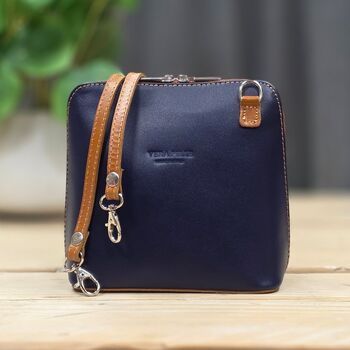 Leather Cross Body Handbag In Navy Blue And Tan, 3 of 3