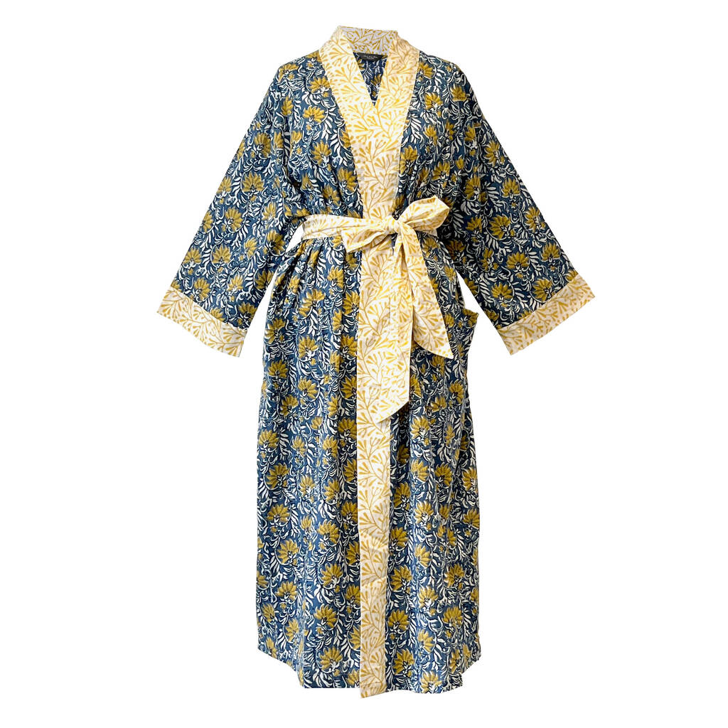Long Kimono Jaipur Blue And Yellow Fabric, 1 of 4