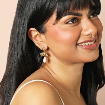 Leaf And Pearl Drop Earrings In Gold, 3 of 4