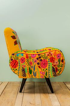 Yellow Floral Embroidered Velvet Wooden Armchair, 6 of 7