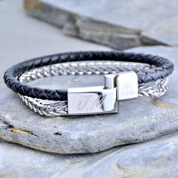 Men's Personalised Black Leather And Chain Bracelet, 3 of 7