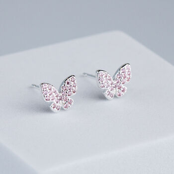 Sterling Silver Pink Sparkly Butterfly Stud Earrings, 2 of 5