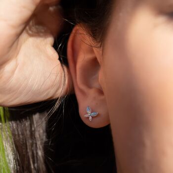 Sterling Silver Blue Opal Butterfly Stud Earrings, 3 of 7