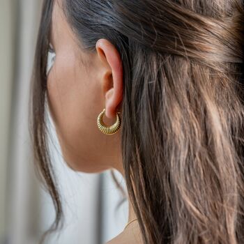 18ct Gold Plated Textured Creole Hoop Earrings, 2 of 7