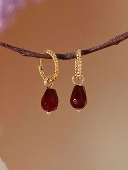 Red Agate Pomegranate Seed Twisted Huggie Hoop Earrings, 4 of 11