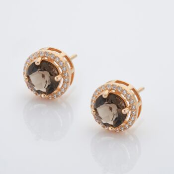 18k Gold Plated Round Smoky Quartz Stud Earrings, 2 of 3