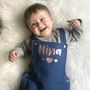 Personalised Name With Hearts Baby Denim Dungarees, thumbnail 2 of 2