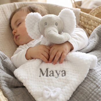 Personalised White Elephant With Bow Baby Comforter, 4 of 7