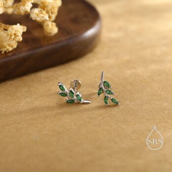 Sterling Silver Emerald Green Leaf Internally Threaded Flat Back / Screw Back / Stud Earrings, 6 of 12