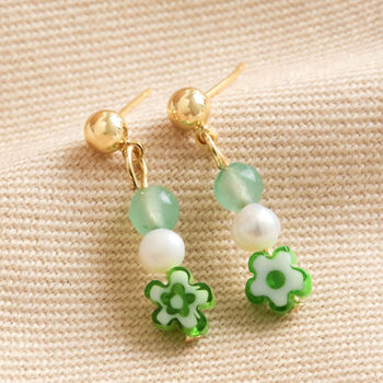 Green Millefiori Flower Drop Earrings In Gold, 4 of 4