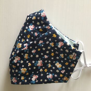 Upcycled Navy Floral Cotton Silk Lined Face Mask, 3 of 12