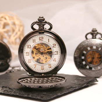 Engraved Black Plated Pocket Watch Intricate Design, 2 of 6
