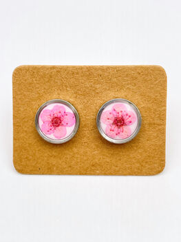 Ear Studs With Pink Flowers In White Lacquer, 2 of 10