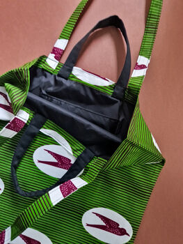 African Print Tote Bag | Iyara Green Bird Print, 3 of 3