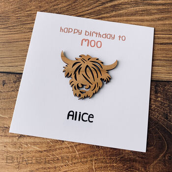 Personalised Birthday Card With Wooden Highland Cow Keepsake, 6 of 6