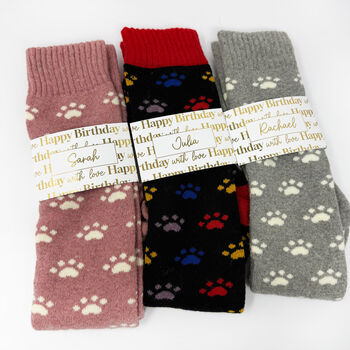 Personalised Birthday Paw Print Welly Socks With Gold Foil Label, 2 of 10