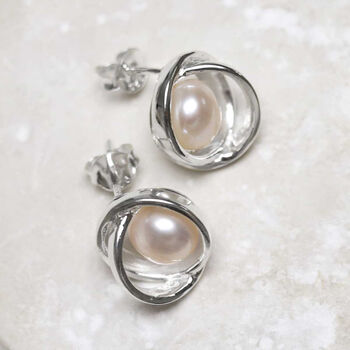 Sterling Silver Designer Round Pearl Studs, 4 of 10