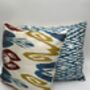 Square Ikat Silk Cushion Abstract Multi Coloured Yellow, Blue, Burgundy, thumbnail 8 of 9