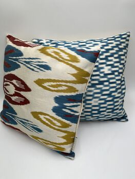 Square Ikat Silk Cushion Abstract Multi Coloured Yellow, Blue, Burgundy, 8 of 9
