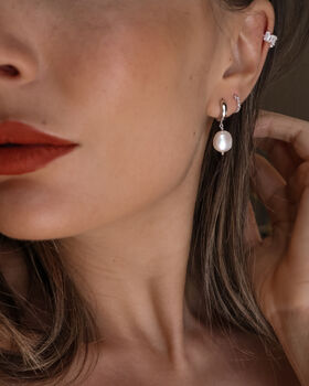 Baroque Pearl Drop Huggie Hoop Sterling Silver Earrings, 3 of 4