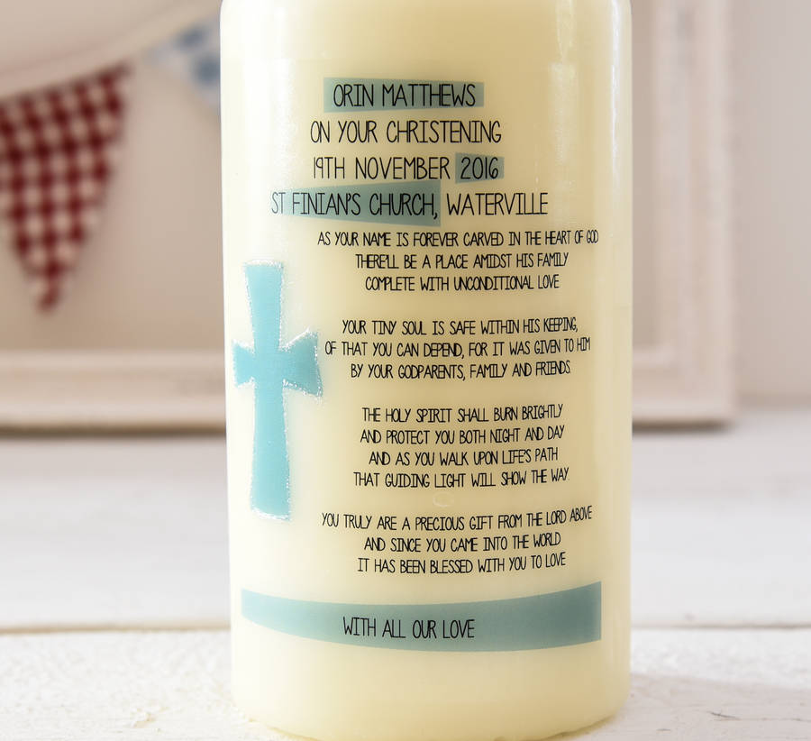 personalised christening candle with verse for boy by a touch of verse