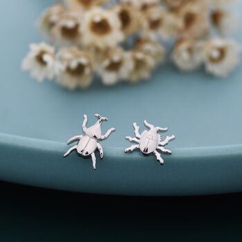 Sterling Silver Tiny Mismatched Little Stag Beetle Stud Earrings, 5 of 12