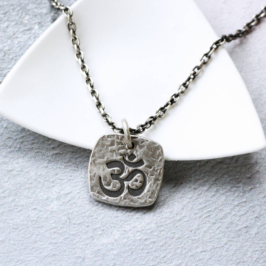 Men's Square Silver Om Necklace Oxidised Finish By Green River Studio ...