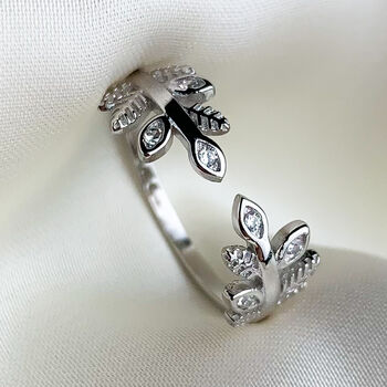 Sterling Silver Crystal Leaf Adjustable Ring, 4 of 5