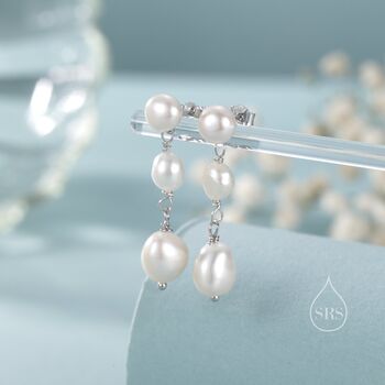Sterling Silver Irregular Shaped Freshwater Pearl Trio Drop Hook Earrings, 2 of 12