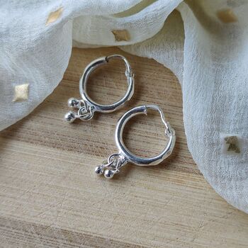 15mm Pure Silver Two Ball Drop Bali Huggie Hoop Earring, 3 of 3