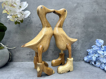 Cute Duck Couple Ornament Lovers 25cm – Bamboo Wood Heart Figurine, 7 of 12