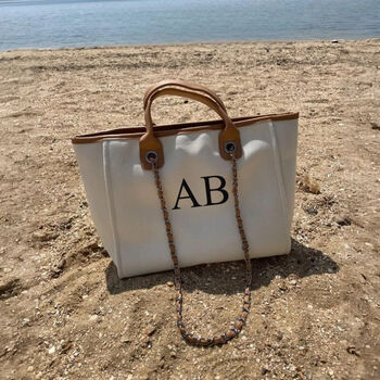 Personalised Cream And Tan Large Chain Initial Tote Bag, 2 of 6