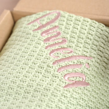 Personalised Sage Green Knitted Blanket, Booties And Monkey Gift Box, 2 of 11