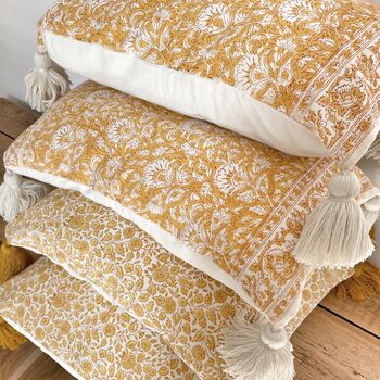 Ochre Floral Block Print Cushion Cover, 5 of 10