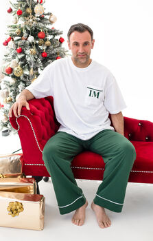 Family Christmas Green Contrast Embroidered Personalised Pyjamas Available In Ladies', Men's And Kid's, 5 of 9